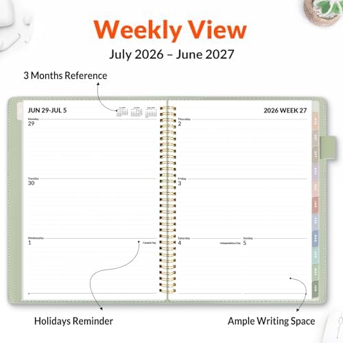 SUNEE 2026-2027 Weekly & Monthly Planner 9"x11.2" - 12 Month (July 2026 - June 2027), Vegan Leather Cover Planner Academic Year Calendar, Pocket, Notes, Monthly Tab, Green