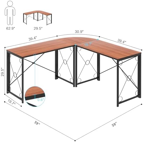 VECELO 59" L Shaped Computer Desk, Corner Computer Desk, Sturdy Home Office Computer Table for Small Space, Writing Desk, Larger Gaming Desk Workstation,Brown