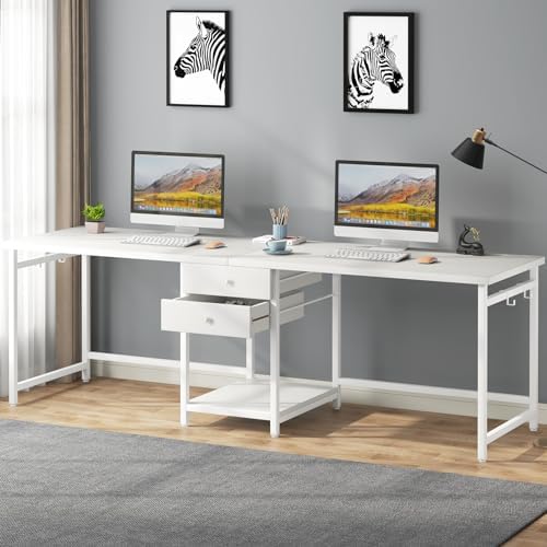 Tribesigns 79 Inch Extra Long Double Desk with 2 Drawers, Two Person Computer Desk with Storage Shelves, Writing Table Study Desk for Home Office, White