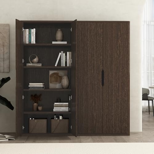 Manhattan Comfort Rivington Bookshelf 79 in Tall 5-Tier Bookcase, Modern Soft Close Storage Cabinet, Handle-Free, Round Corner Design for Living Room, Bedroom, or Home Office, Set of 2 in Walnut
