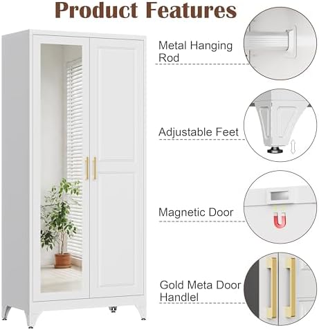 SteeLoong 71”Armoire Wardrobe Close,White Wardrobe Cabinet with Mirror Door