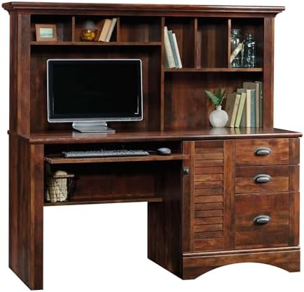 Sauder Harbor View Home Office Computer Desk with Hutch, Keyboard Tray, in Curado Cherry finish