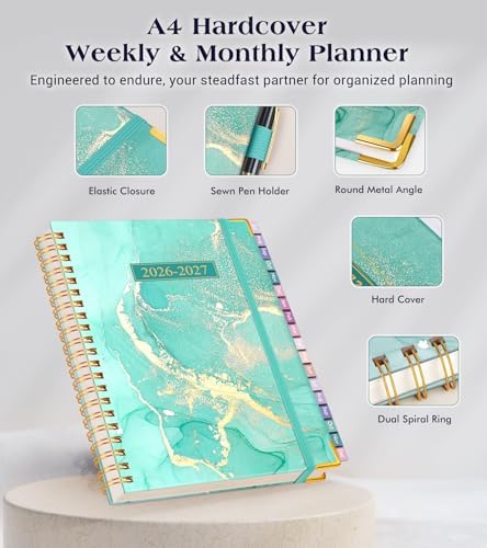 Academic Planner 2026-2027, 18 Months Weekly and Monthly Hardcover Planner, July 2026 - December 2027, 8.5" x 11" A4 Large Daily Calendar Planner Book with Tabs, Spiral College School Agenda Organizer for Student Teacher, Teal Marble