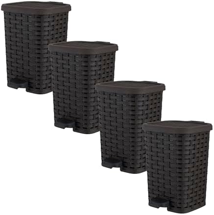 Superio Mini Trash Can with Foot Pedal Small Outdoor Garbage Can with Lid, 1.5 Gallon Plastic Waste Basket for Bathroom, Bedroom, Kitchen, Office, Patio (Wicker Brown 6 QT.), 4 Pack