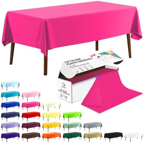 CXPSINC 54 Inch X 100 Feet Plastic Table Cover Roll Disposable Tablecloth with Slide Cutter for All Type/Shape Tables | Party, Banquet, Birthdays, Weddings(Fuchsia, 100 Feet)