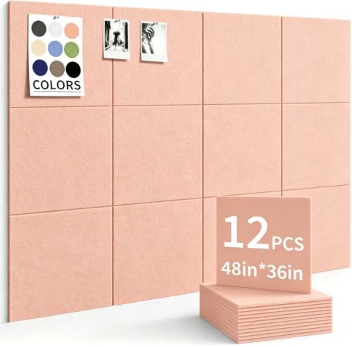 48" x 36" Cork Board Alternative, 12 Pack Felt Bulletin Board Tiles with 30 Adhesive Tabs Wall Push Pin Board for Office Classroom Bedroom Decor