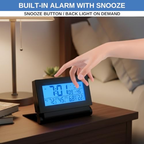 Digital Clock with Atomic RCC Time and Alarm | Indoor Temperature and Humidity Display | Wireless Sensor, Battery Operated with Blue Backlight for Bedroom or Desk