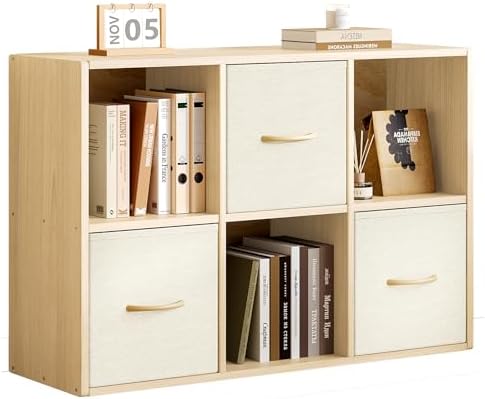 EXPERLAM 6 Cube Storage Organizer - Solid Wood Bookshelf with 3 Storage Bins, Cube Shelf with 2 Removable Back Panels, Vertical or Horizontal Bookcase, Open Book Shelf for Bedroom, Living Room, Office