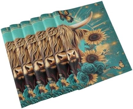 ALAZA Highland Cow Butterfly Rose Set of 6 Placemats Rectangle Table Mat for Dining Table Restaurant Kitchen Home Decor, 12" x 18"