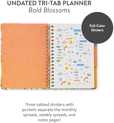 Orange Circle Studio Undated Tri-Tab Planner, Bold Blooms Weekly & Monthly Planner Journal, 7 x 9.6 Spiral Notebook with Stickers, Pockets, Elastic Closure and Lined Notes for Everyday Use