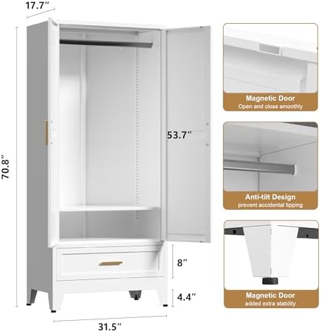 Washsemba 71'' Farmhouse Metal Wardrobe Cabinet with Hanging Rod, 2 Barn Door Wardrobe Closet with Adjustable Shelves,Drawer,for Dining Room,Bedroom,Living Room, Cloak Room,Office (White)