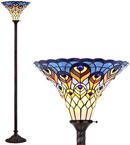 JONATHAN Y Peacock Tiffany-Style Stained Glass Torchiere Lamp 70", Bronze