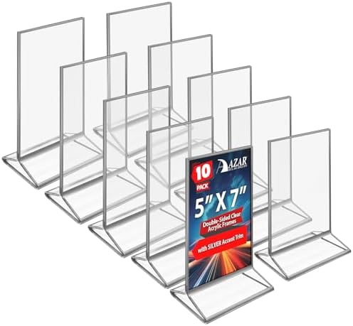 Azar Displays 152799-SLV-10PK Silver Trim Double-Sided Clear Acrylic Frames – Elegant Display Frames for Weddings, Events, and Photos | Premium 5x7 Tabletop Sign Holders (10-Pack)