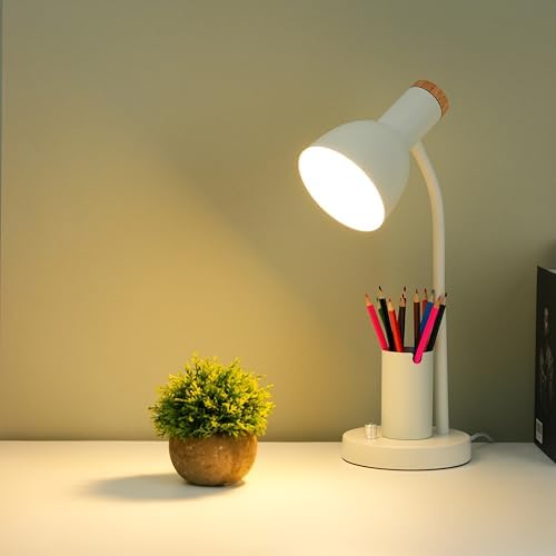Desk Lamp with Pen Holder, Green, Wood Accent, Adjustable Gooseneck, Modern Study Light (White)