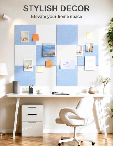 0.47" Thick Felt Pin Board 36"x24" Large Cork Board Alternative 6 Pack 11.81"x11.81"Felt Bulletin Board Wall Tiles Notice Board with 30 Pushpins for Home Office School(Light Blue&White)