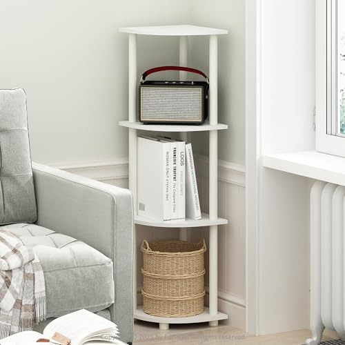 Furinno Turn-N-Tube Corner Shelf, 4-Tier Corner Bookshelf, White