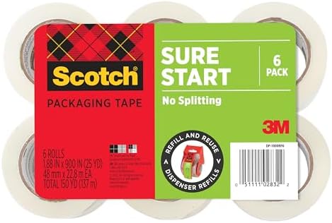 Scotch Sure Start Packing Tape, Clear, 1.88 in. x 25 yd., 6 Tape Rolls