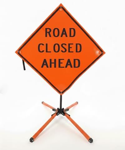 Traffic Roll-Up Sign Kit with Stand – Collapsible Safety Sign & Heavy-Duty Portable Stand, High Visibility, Easy Setup (Road Closed Ahead, Non-reflective)