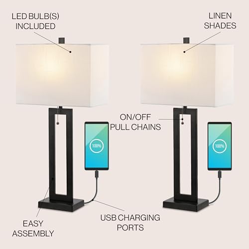 JONATHAN Y Sabrina 28.5" Metal USB Industrial Lamp, Black, Set of 2