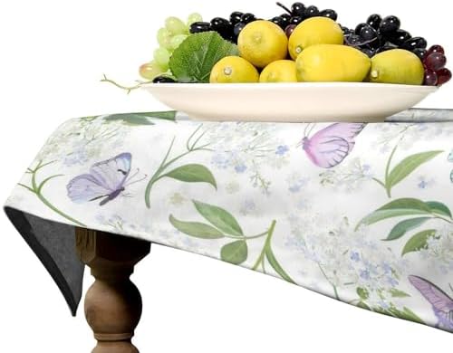 Butterfly Floral Tablecloth, Spring Summer Watercolor Flowers Plants Leaves Print Table Cover for Party Picnic Dinner Decor 55x55in