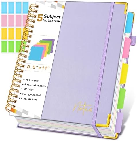 Spiral Notebook Journal with Removable Dividers Tabs, 300 Pages Hardcover Leather 5 Subject College Ruled Notebook, 8.5"x11" Large A4 Lined Journal for Women, Spiral Notebooks for Work School, Purple