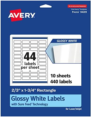 Avery® Glossy White Rectangle Labels, Sure Feed® Technology, 2/3" x 1-3/4", 440 Glossy White Labels, Print-to-The-Edge, Permanent Adhesive, Laser/Inkjet Printable