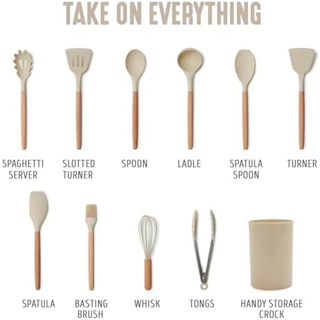GreenLife 11 Piece Silicone Utensil Crock Set, Nonstick Kitchen Tools, Ladle, Turner, Slotted Turner, Spatula, Spoon, Spaghetti Server, Brush, Whisk, Tongs, Crock, Taupe