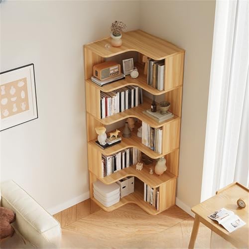 Vertical L-Shape Storage with Open Back 5 Shelves Corner Bookshelf Wood Floor Rack Student Integrated Wall Bookcase Corner Cabinet Multi-layer Storage Cabinet Light Walnut 24"L x 24"W x 63"H