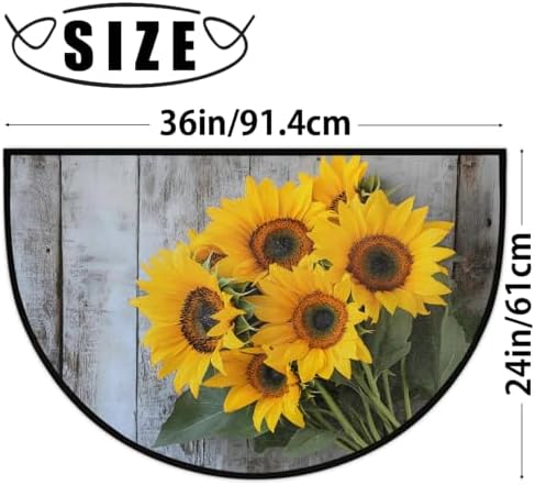 Vintage Sunflower Wood Half Round Door Mat Non Slip Washable Semi Circle Area Rug Absorbent Soft Half Moon Rug Floor Mat for Indoor Outdoor Kitchen Bathroom Patio Front Door Mat Decor