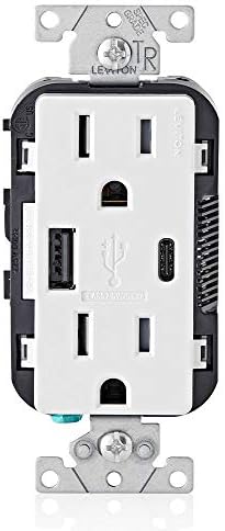 Leviton Type A & Type-C USB In-Wall Charger with 15A Tamper-Resistant Outlet, USB Charger for Smartphones and Tablets, Not for Laptops, T5633-W, White