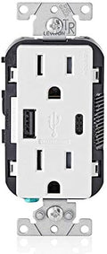 Leviton Type A & Type-C USB In-Wall Charger with 15A Tamper-Resistant Outlet, USB Charger for Smartphones and Tablets, Not for Laptops, T5633-W, White