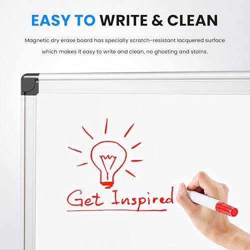 Simple Deluxe Magnetic Dry Erase Board 36" x 24" Whiteboard, 1 Dry Eraser & 2 Multicolor Markers & 4 Magnetic Pins, Silver Reinforced Aluminum Frame for Home, School, Office