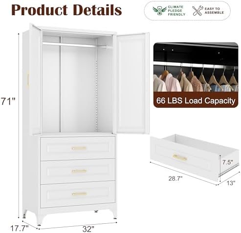 SteeLoong 71" Metal Wardrobe Cabinet,Armoire Wardrobe Closet with 3 Drawer
