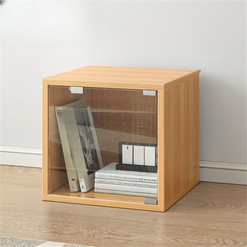 Timber Vertical or Horizontal Organizing Shelf with 1 Cabinet Closed Back Modular Cube Storage Unit, Book Storage Bookshelf, Glass Small Bookcase, Square Grid Cabinet Wood Clear Acrylic Door