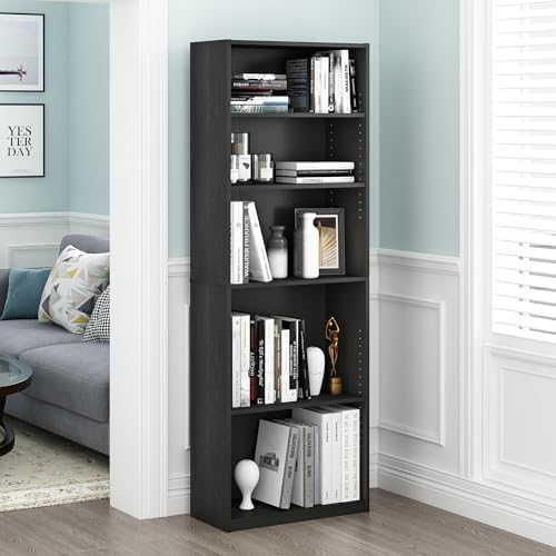 Furinno Jaya Book Shelf, 5-Tier Bookshelf, Bookcase with Adjustable Shelves, 9.5 x 24.5 x 71.2, for Organization and Storage, for Living Room, Bedroom, Home Office, Blackwood