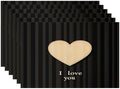 Batmerry Heart Text Linen Placemats Set of 6, Heart with I Love You Washable Table Mats for Kitchen Table Thickened Heat Insulation Dining Set Indoor Outdoor 12X18 in
