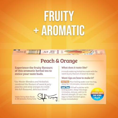 Twinings Peach & Orange Herbal Tea Individually Wrapped Bags, Juicy & Fruity, Naturally Caffeine-Free, Enjoy Hot or Iced, 20 Count (Pack of 2)