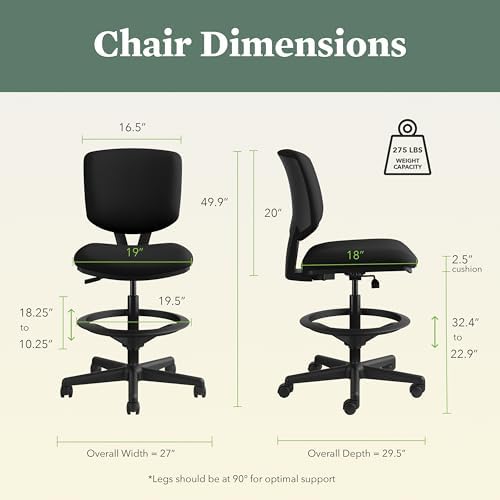 HON Volt Ergonomic Office Stool, Armless, Office Desk Computer Chair, Black