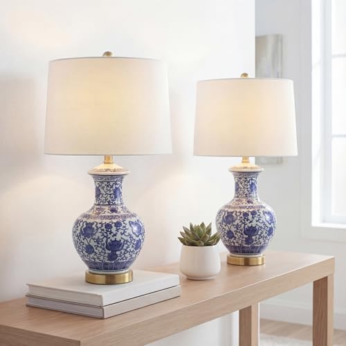 JONATHAN Y Jennifer Ceramic Ginger Jar Lamp 25.25", Blue/White, Set of 2