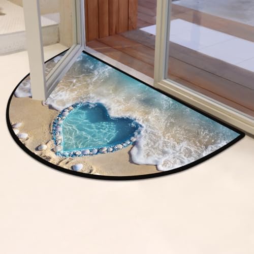 Beach Heart Seashell Half Round Door Mat Non Slip Washable Semi Circle Area Rug Absorbent Soft Half Moon Rug Floor Mat for Indoor Outdoor Kitchen Bathroom Patio Front Door Mat Decor