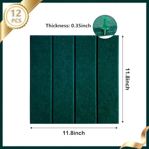 12 Packs Dark Green Felt Pin Board, Large 12" Bulletin Board with 30 Push Pins, Felt Board Slat Wall Paneling for Office Home Kitchen, Self-Adhesive Corkboard Tiles for Classroom Message Photos Memos