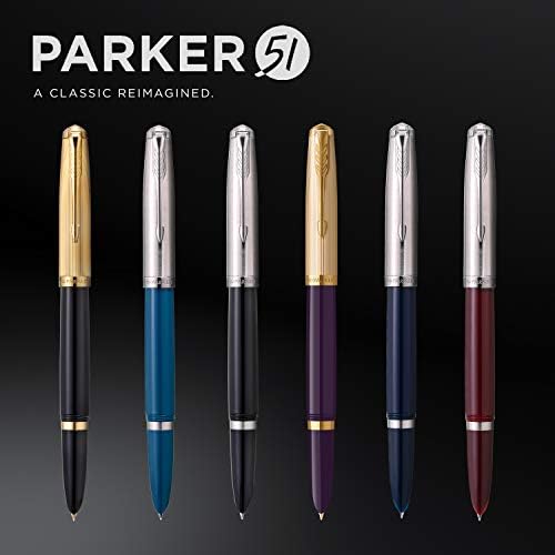 Parker 51 Fountain Pen | Deluxe Plum Barrel with Gold Trim | Fine 18k Gold Nib with Black Ink Cartridge | Gift Box