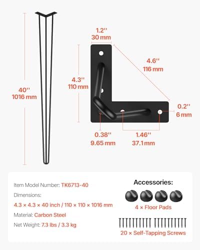 VEVOR Hairpin Table Legs 40" Black Set of 4 Desk Legs 880lbs Total Load Capacity Hairpin Desk Legs 3 Rods for Bench Desk Dining End Table Chairs Carbon Steel DIY Heavy Duty Furniture Legs