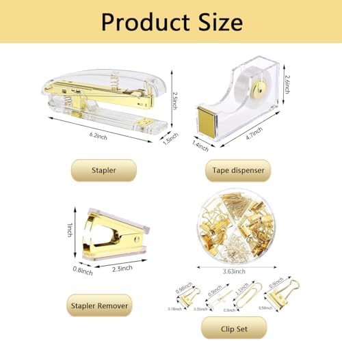 suniya Office Supplies Gold Desk Accessories Set Office Supplies Kit with Stapler, Tape Dispenser, Scissors, Staple Remover, Ballpoint Pen, Clear Tape & Staples – Best Gift for Business or Boss