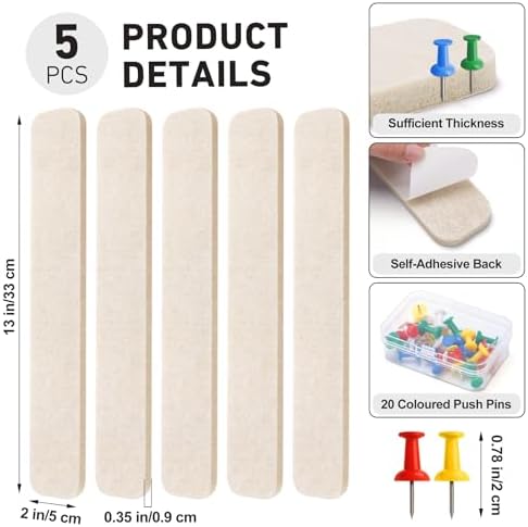 HAUTOCO Felt Bulletin Strips 5 Pack, 13" x 2" Self Adhesive Pin Board with 20 Push Pins, Peel and Stick Memo Board for Photos, Notes & Wall Decor, Dorm Room, Bedroom, Office, Oatmeal