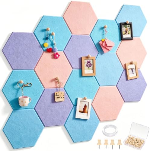 12x10 in 16 Pcs Hexagon Cork Board Tiles, Felt Pin Boards, Pastel