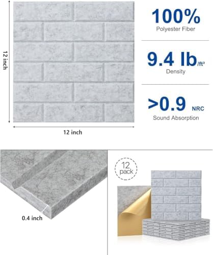 Large Self-Adhesive Cork Board,Set of 12 Soundproof Wall Tiles,Felt Wall Cushion for Home,Studio,Recording Room,Office,Acoustic Treatment (Grey)