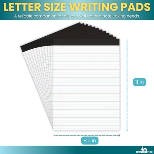1InTheOffice Writing Pads 8.5 x 11 Inch, Wide Ruled Note Pads, Letter Size Writing Tablets, White Perforated Notepads, 50 Sheets Per Pad, 12 Pack