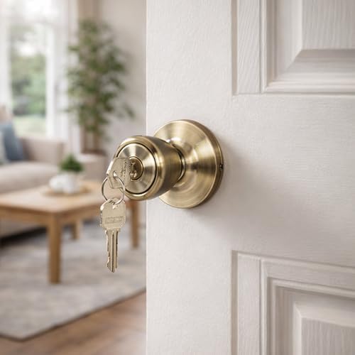 Design House Terrace Keyed Entry Door Knob, Antique Brass