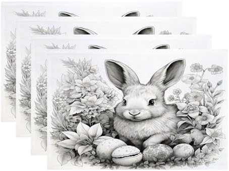 Batmerry Bunny with Eggs Flowers Linen Placemats Set of 4, A Bunny Surrounded By Eggs and Flowers Washable Table Mats for Kitchen Table Thickened Heat Insulation Dining Set Indoor Outdoor 12X18 in